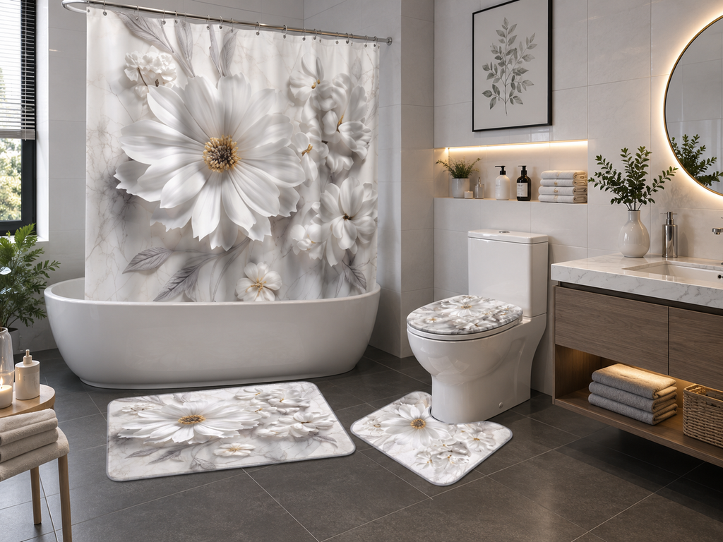 Ensemble de Salle de Bain Motif Floral 4 Pièces