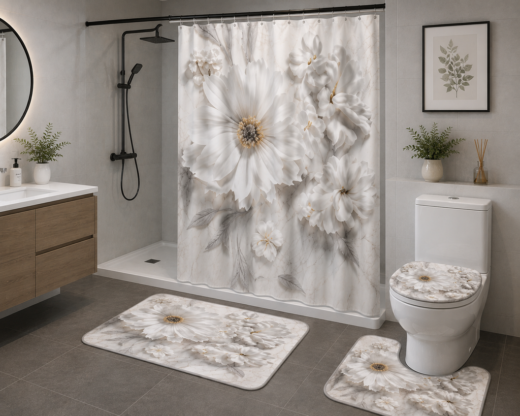Ensemble de Salle de Bain Motif Floral 4 Pièces