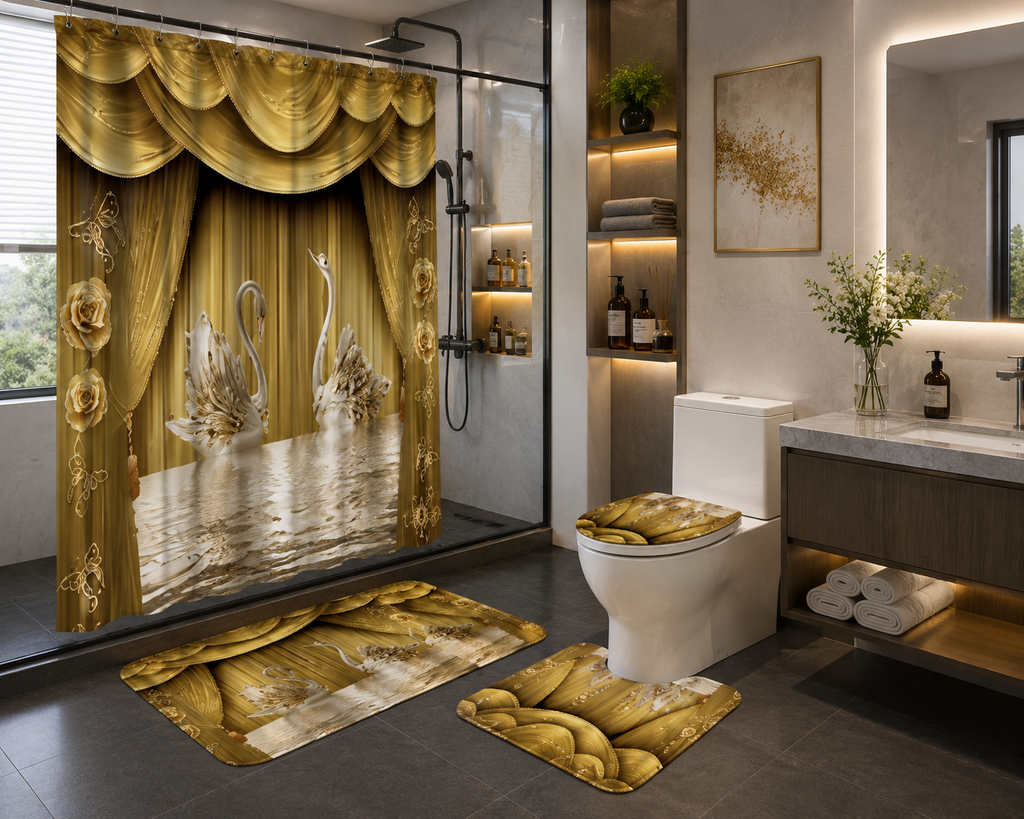 Ensemble de Salle de Bain Cygnes Dorés 4 Pièces
