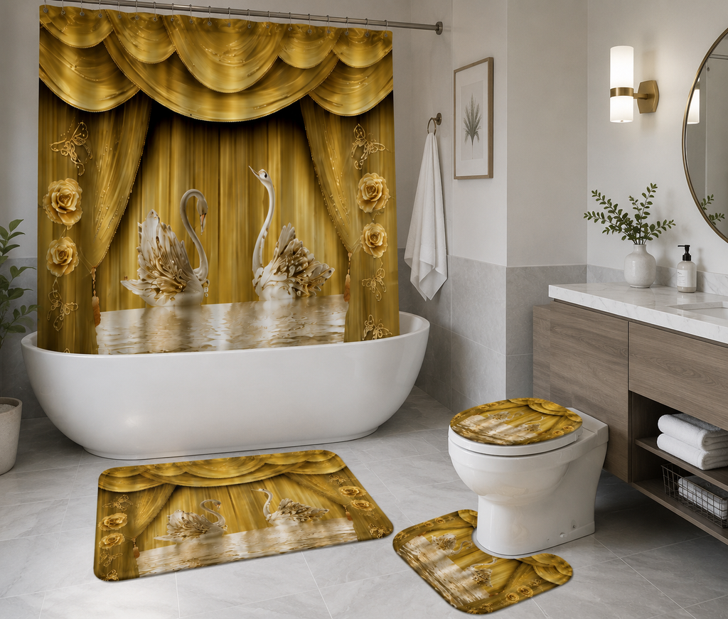 Ensemble de Salle de Bain Cygnes Dorés 4 Pièces