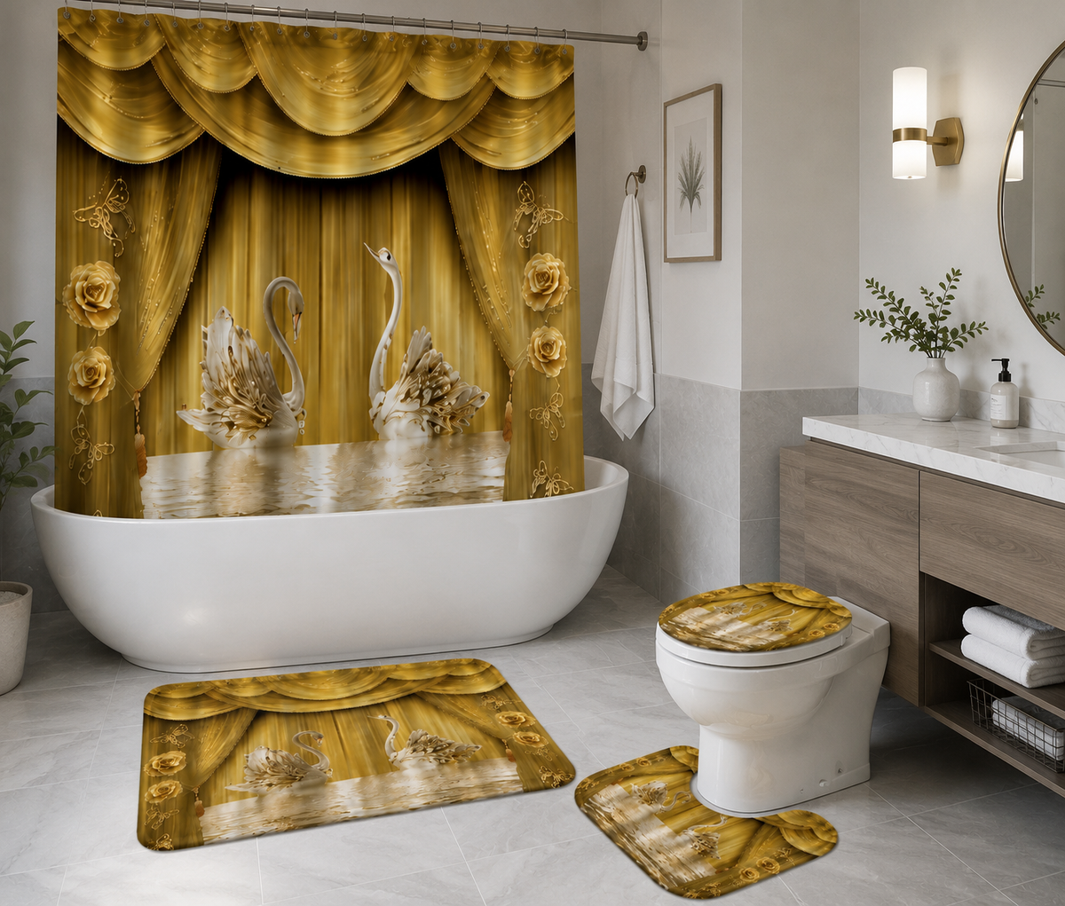 Ensemble de Salle de Bain Cygnes Dorés 4 Pièces